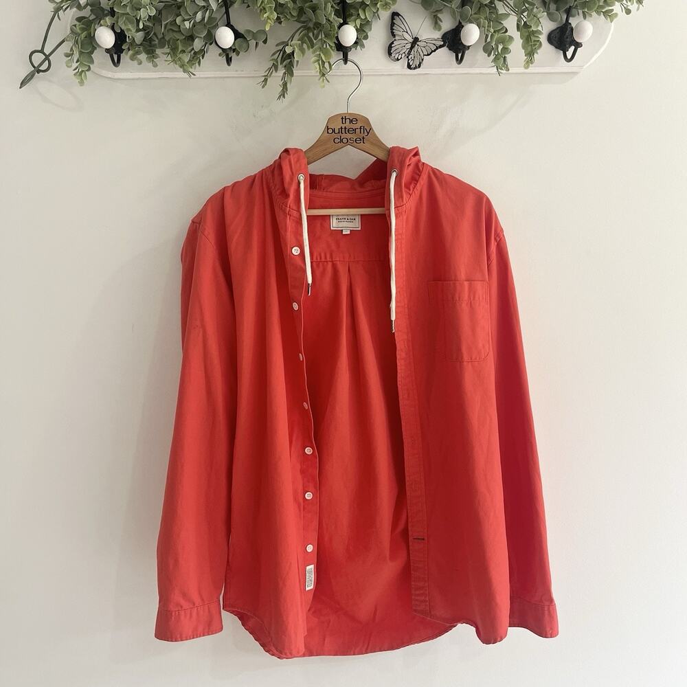 Frank & Oak Men’s Orange/Red Long Sleeve Button Down Shirt Drawstring Hood M